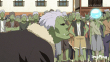 a group of people are standing around a man with a green face .