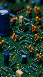 a group of workers are working on a motherboard with a chip that says scm7jtm6 on it
