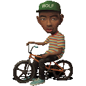 a cartoon of a man riding a bike wearing a green hat .