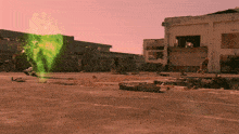 a person is standing in front of a building with a green glowing object coming out of it