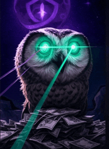 an owl is sitting on a pile of money with a laser beam coming out of its eyes