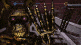 a screenshot of a video game with a skeleton with purple eyes and a gold hand