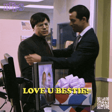 two men standing next to each other with the words love u bestie on the bottom right