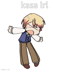a cartoon of a boy wearing a sweater vest and brown pants with the words kasa irl written above him