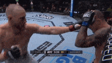 two men are fighting in a ufc ring with a bud light advertisement