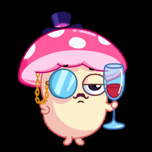 a cartoon illustration of a mushroom wearing a top hat and glasses holding a glass of wine