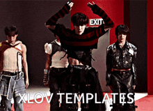 a group of men are standing in front of a red exit sign