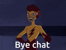 a cartoon character with a lightning bolt on his chest and the words bye chat above him