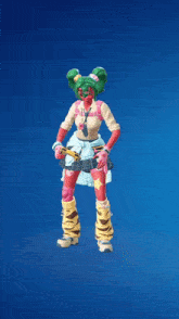 a cartoon character with green hair and red arms is standing on a blue background