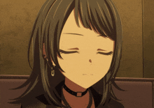 a girl with black hair and green eyes is wearing a choker