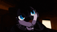a black cat with blue eyes and a collar on