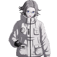 a black and white drawing of a girl wearing a jacket that says hbdd