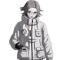 a black and white drawing of a girl wearing a jacket that says hbdd