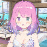 a girl with pink and purple hair is standing in front of a pool