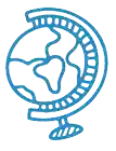 a blue drawing of a globe with a heart in the middle