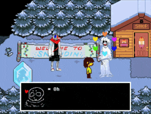 a video game scene with a sign that says " welcome to snow din "