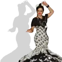 a woman in a black and white polka dot dress dancing