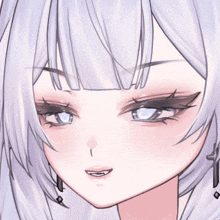 a close up of a anime girl 's face with white hair