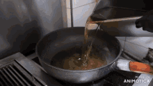 a person is pouring liquid into a frying pan with the words made in animotica on the bottom