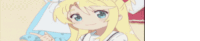 a close up of a cartoon girl with blonde hair and blue eyes pointing at the camera .