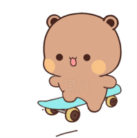 a brown bear is riding a blue skateboard