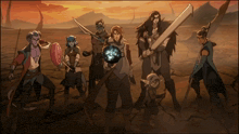 a group of cartoon characters with swords and shields standing in a desert