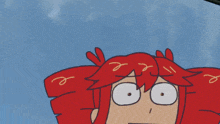 a cartoon drawing of a girl with red hair and a blue sky behind her