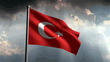 a red and white flag with a star and crescent moon on it
