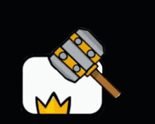 a cartoon drawing of a crown and a hammer on a black background