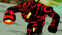 a cartoon character with a red and black body has the letter g on its chest
