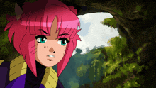 a cartoon character with pink hair and blue eyes is looking out of a cave