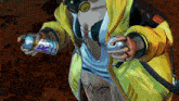 a woman in a yellow jacket is holding a spray can that says rz