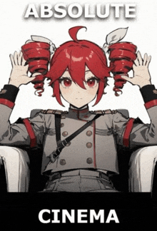 a poster for absolute cinema with a red haired anime girl
