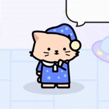a cartoon cat wearing a blue pajamas and a sleep cap