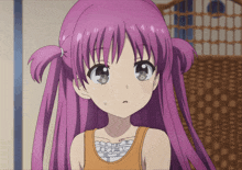 a girl with purple hair and pigtails is wearing a tank top