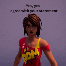 a woman wearing a red ka boom shirt stands in front of a sign that says " yes yes i agree with your statement "