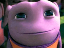 a close up of a purple cartoon character 's face