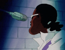 a cartoon character singing into a microphone with a brick wall in the background