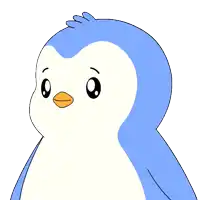a blue and white penguin with pink hearts around its neck