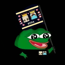 a green frog is holding a flag with the name syda on it