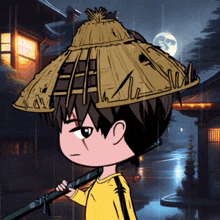 a boy wearing a straw hat and holding a sword
