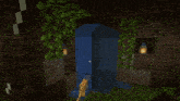 a waterfall in a minecraft world with a lantern on the wall