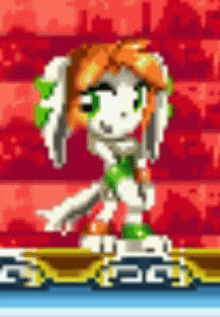 a pixel art of a cartoon character with orange hair and green eyes standing on a platform .