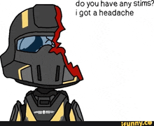 a cartoon of a soldier with a broken helmet and the words do you have any stims i got a headache