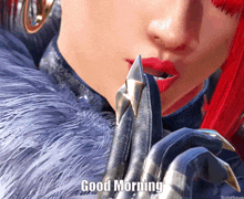 a close up of a woman 's face with the words good morning above her