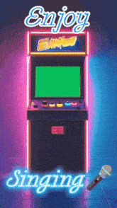 an arcade game with a green screen and the words enjoy singing below it
