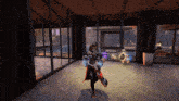 a woman with horns is holding a sword in a room with a lot of windows