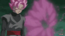 a cartoon character with pink hair is standing in a dark room with a light coming out of his mouth .