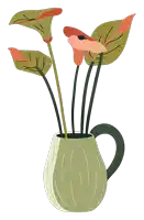 a green vase with flowers and green leaves on a white background