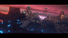a group of robots are standing on top of a city at night